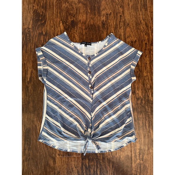 Vintage Rose Tops - Vintage Rose Blue Striped Tie Front Button V-Neck Short Sleeve Top Large